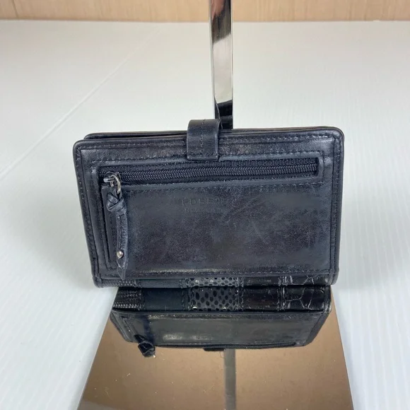 Fossil Black Genuine Leather Patchwork Studded Bifold Wallet - Picture 2 of 15